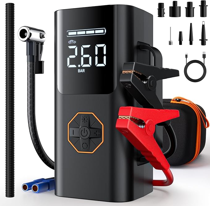 Portable Jump Starter with Air Compressor - 12V Car Battery Jumper Starter Box 5500A (All Gas/12L Diesel) 9-in-1 with Air