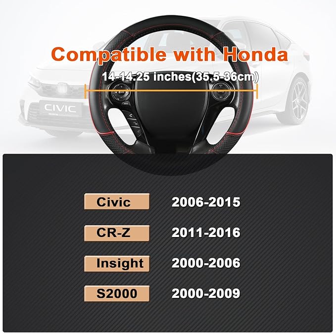 GIANT PANDA Steering Wheel Cover for Honda Civic(2006-2015),CR-Z, Insight, S2000 (Black+Red Line-Small Size)