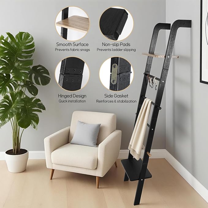 Wooden Ladder with Shelf for Decor, 6-Tier Decor Ladder with Non-Slip Mat & Hooks, Farmhouse Style Leaning Wall Display Holde