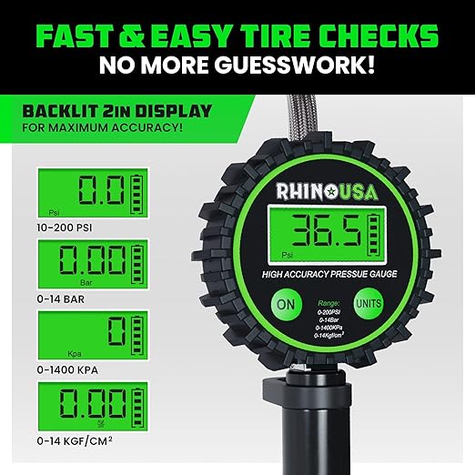 Rhino USA Digital Tire Pressure Gauge with Inflator (0-200 PSI) - Heavy Duty Air Chuck and Compressor Accessories with Stainless Braided Hose, Large 2" Dial and Solid Brass Hardware for Truck and RV