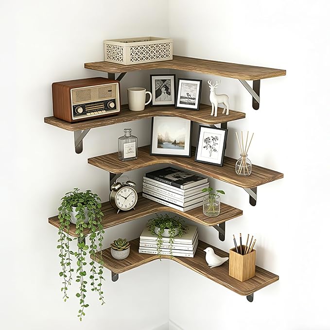 Corner Floating Shelves Wall Mounted Set of 5, Rustic Wood Corner Shelves for Bedroom Living Room Bathroom Kitchen Storage an