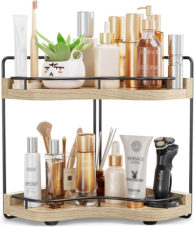 2-Tier Corner Bathroom Counter Organizer with Embedded Screw Holes, Secure & Stable Wood Vanity Shelf for Makeup and Skincare