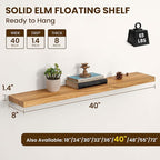 Dreamland Floating Shelves for Wall 40"x8" Set of 2 - Flat Edge Rustic Solid Elm Wood Shelves, Heavy Duty Wall Mounted Shelve