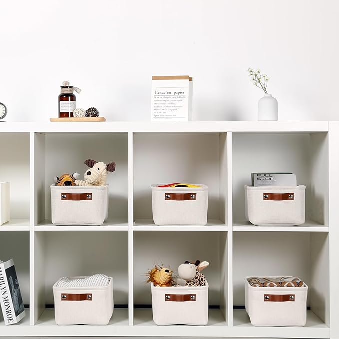 HNZIGE Fabric Storage Baskets for Organizing Small Storage Baskets for Shelf,6 Pack Shelf Baskets for Storage with Leather Ha