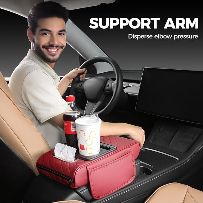 FREESOO Car Center Console Cover, Leather Armrest Cover for Car, Universal Middle Console Cushion With Storage Box, Cup Holder, Tissue Box, Phone Slot, Luxury Waterproof Interior Accessories, Wine Red