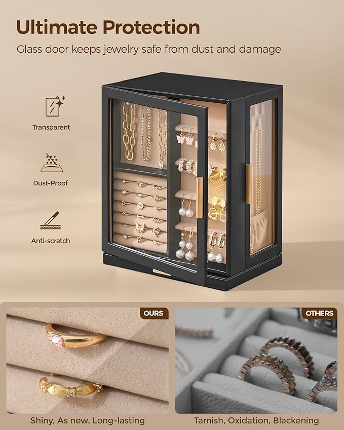 Glimmloop 360° Rotating Jewelry Box with 5 Drawers, Spacious Vertical Jewelry Organizer with Glass Window, Jewelry Storage Ca