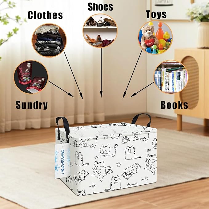 LANGYASHAN Rectangular Storage Bin Collapse Canvas Fabric Cartoon Storage Basket with Handles for Organizing Home Kitchen Boy