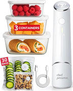 Chef Preserve Compact Vacuum Sealer for Food (Vacuum Sealer Machine + 3 Glass Vacuum Containers + 30 Reusable Vacuum Bags) Po