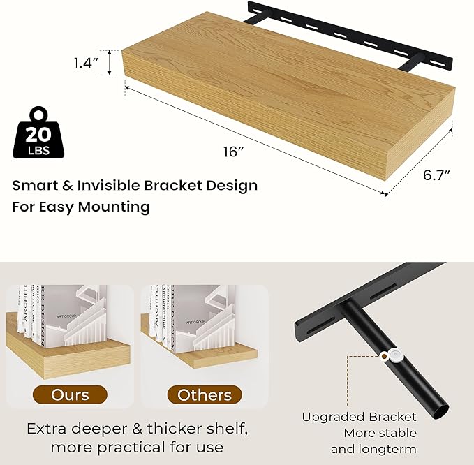 Dreamland 16 Inches Floating Shelves for Wall, 6.7 Inch Deep Floating Shelves Set of 2, Large Display & Storage Shelf, Wall S