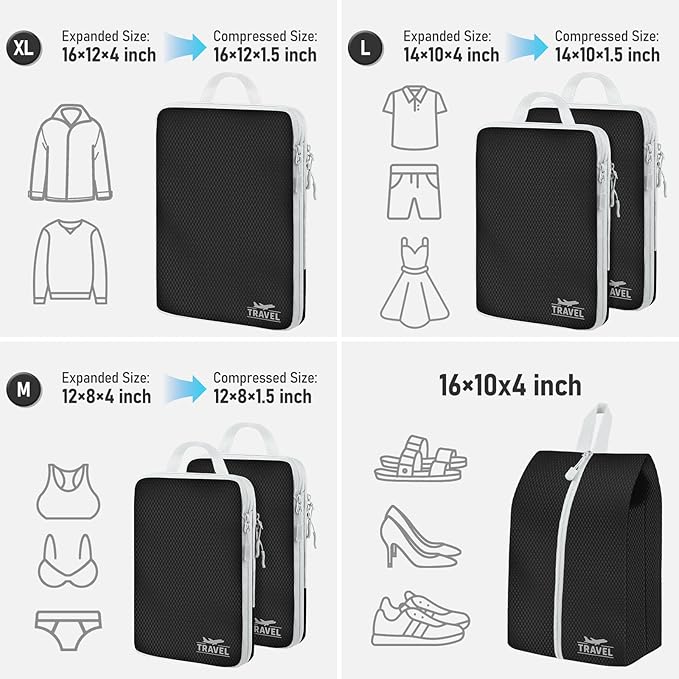 6 Set Compression Packing Cubes, Suitcase Organizer, Lightweight Travel Essentials, Compression Bags For Travel Accessories L