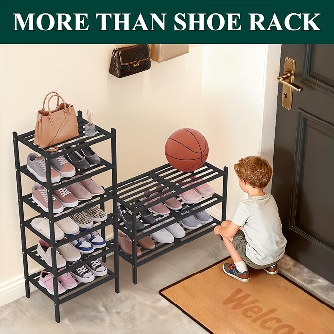 Smiry Small Bamboo Shoe Rack 3-Tier, Stackable Wooden Shoe Organizer for Entryway & Closet, Free Standing Wood Shoe Storage S