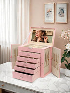 BOOVO Jewelry Box For women, 6 Layer Large Jewelry Organizer With Mirror, Multi-Function Storage Box With Lock, Necklace Hold