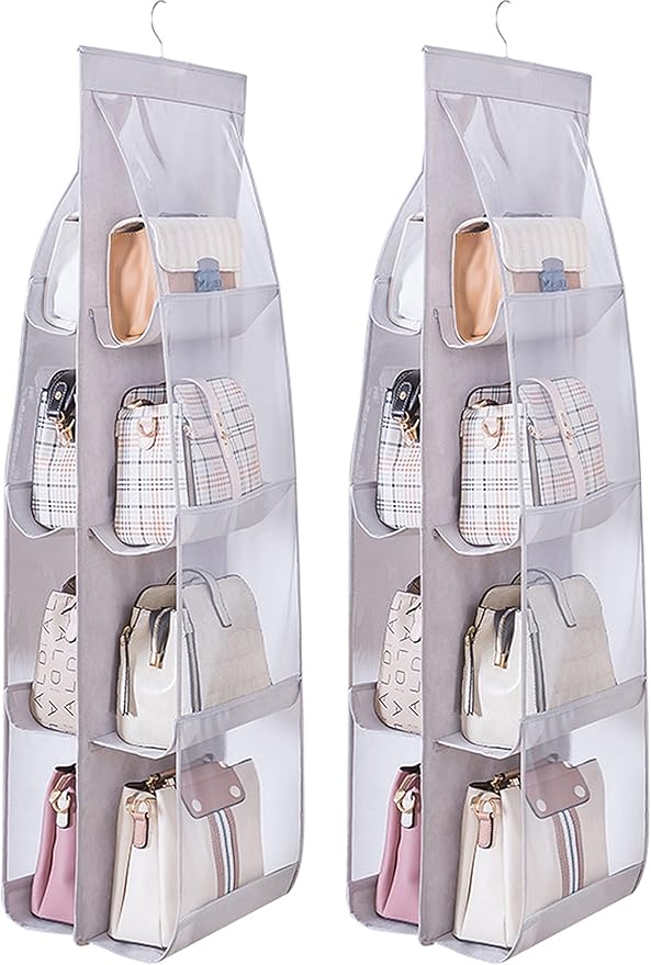 MURRI&MURRDI 2 Packs Hanging Handbag Organizer for Closet, Purse Storage Holder with 8 Easy Access Clear PVC Pockets, Womens 