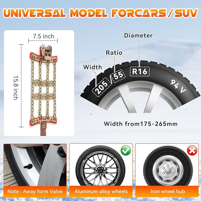 Snow Chains for Car SUV Pickup Trucks, Adjustable Portable Universal Emergency Anti Skid Snow Car Tire Chains for Tire Width 