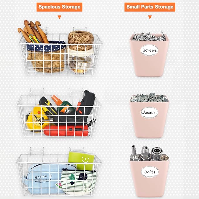 Pegboard Basket Organizers, Peg Board Large Baskets Hooks Bins Cups Tool Organizer 6 Pack Set, Wall Storage Display Hanging A