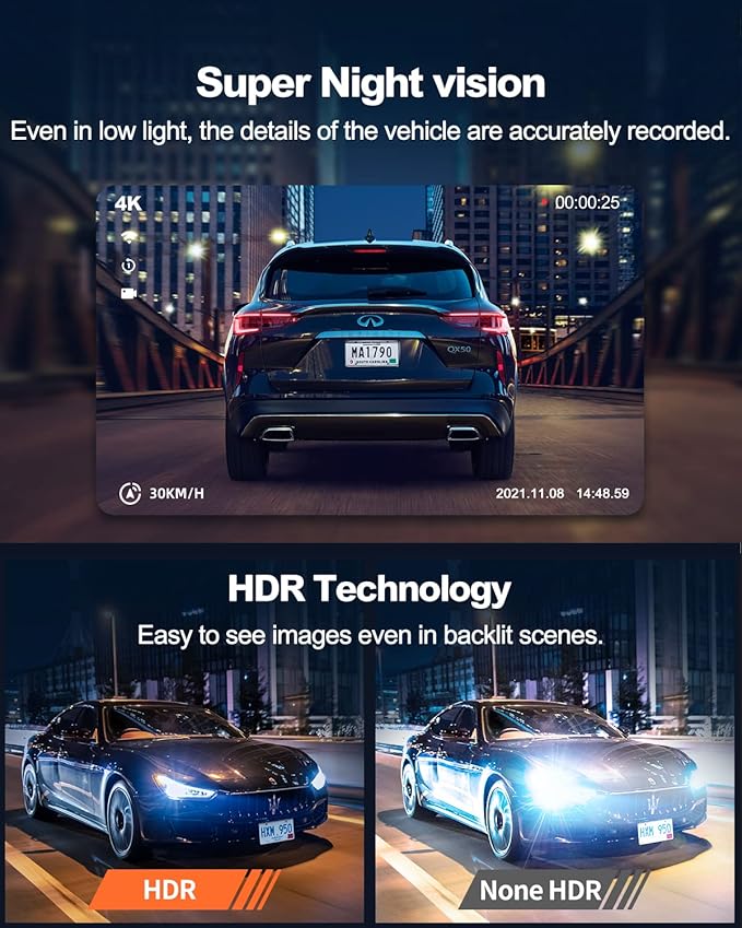Real 4K Dash Cam Front and Rear, 5.8GHz Wi-Fi GPS, Dual Camera HDR with Top-Level Sensor, 3.3'' IPS Screen, Super Night Visio