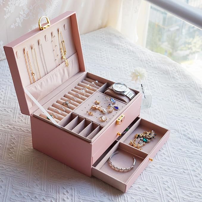 3 Layer Jewelry Box for girls, Lockable Jewelry Organizer for Necklace Earring Ring Bracelet Watch, PU Leather Storage, Pink