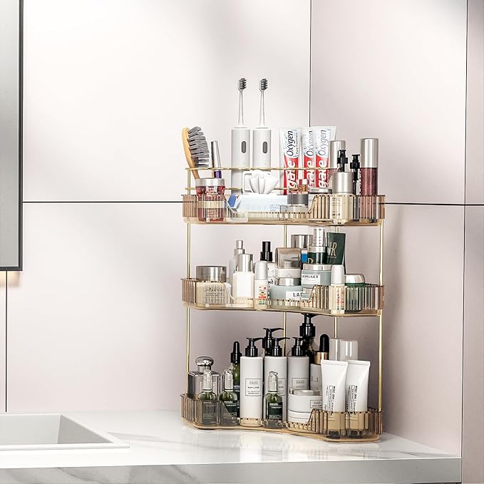 Corner Bathroom Counter Organizer with Top Toothbrush Holders, 3-Tier Make Up Organizers for Vanity with Brush Holder, Corner