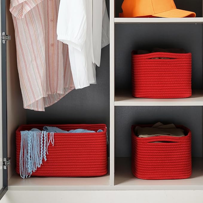 3-Pack Storage Baskets for Organizing | Woven Shelf Toy Basket | Rope Baskets for Gifts Empty | Closet Organizer Bins with Ha