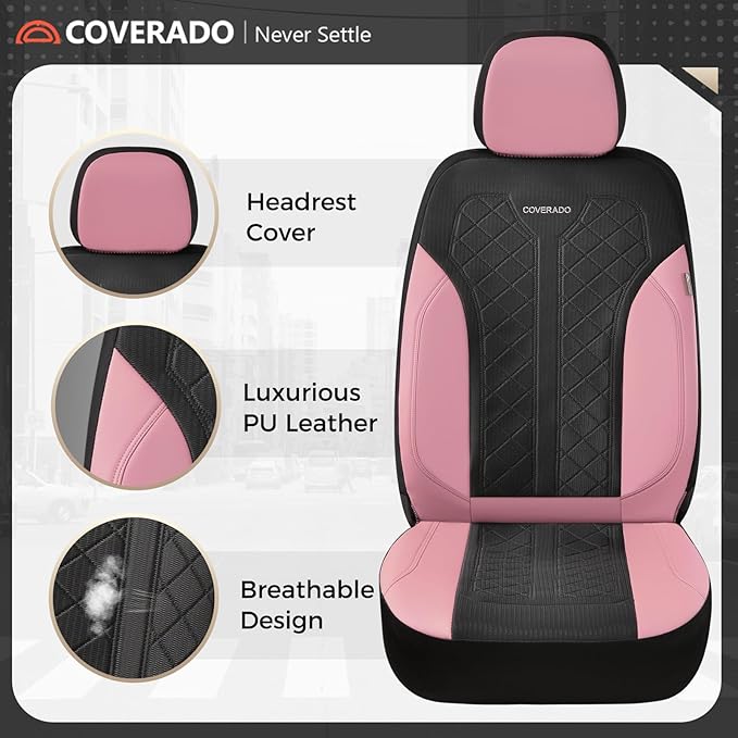 Coverado Car Seat Covers 2-Pack, Luxury Front Seat Covers, Automotive Car Seat Protectors, Pink Driver Seat Covers Universal 