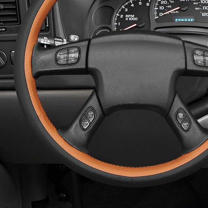 MEWANT Hand-Stitched Steering Wheel Cover for Chevy Silverado 1500 2003-2006 Trailblazer Black Brown Faux Leather Wrap