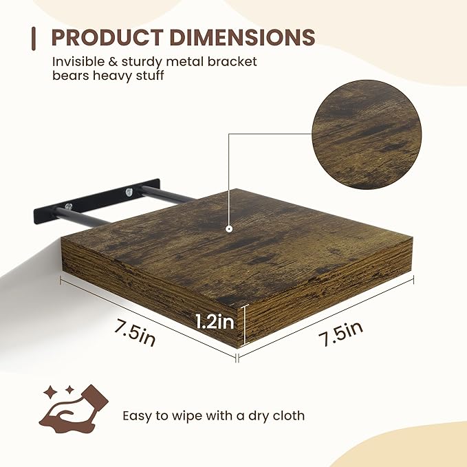 Fun Memories Floating Shelves for Wall - 7.5 Inch Square Shelves with Invisible Brackets, Brown Small Wall Shelf for Living R