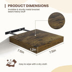Fun Memories Floating Shelves for Wall - 7.5 Inch Square Shelves with Invisible Brackets, Brown Small Wall Shelf for Living R