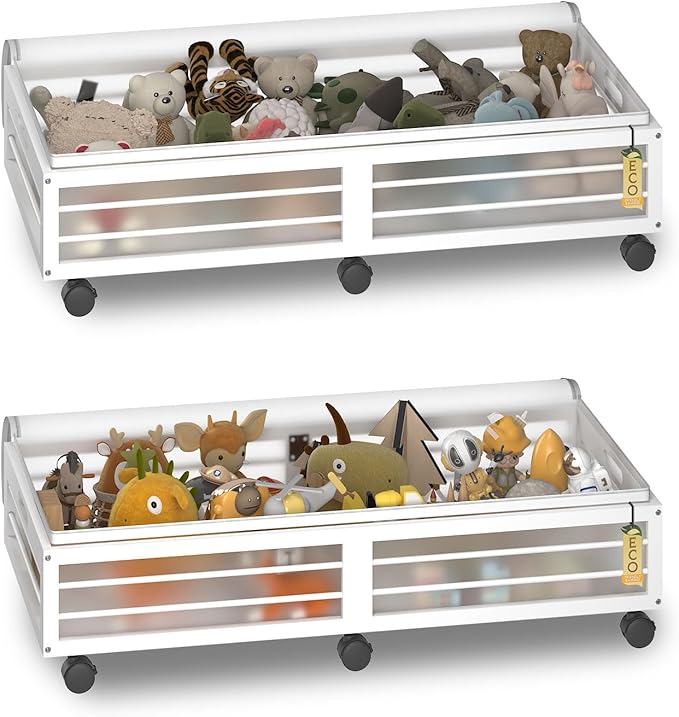 Bamboo Underbed Storage Containers with Wheels & Bag 2 Pack, Large Under Bed Rolling Storage Bins Wood Under Bed Clothes Stor