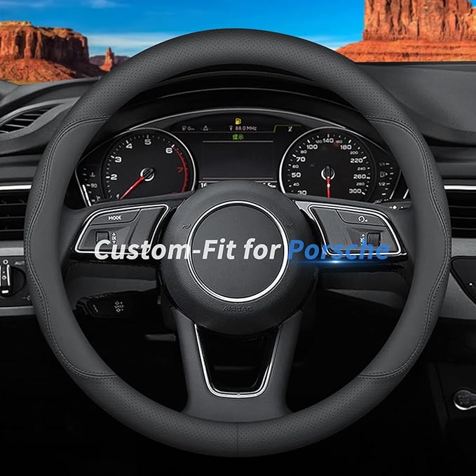 Custom-Fit for Porsche Steering Wheel Cover, Premium Leather Car Steering Wheel Cover with Logo, Non-Slip, Breathable, for Porsche Accessories (B-Style,for Porsche)