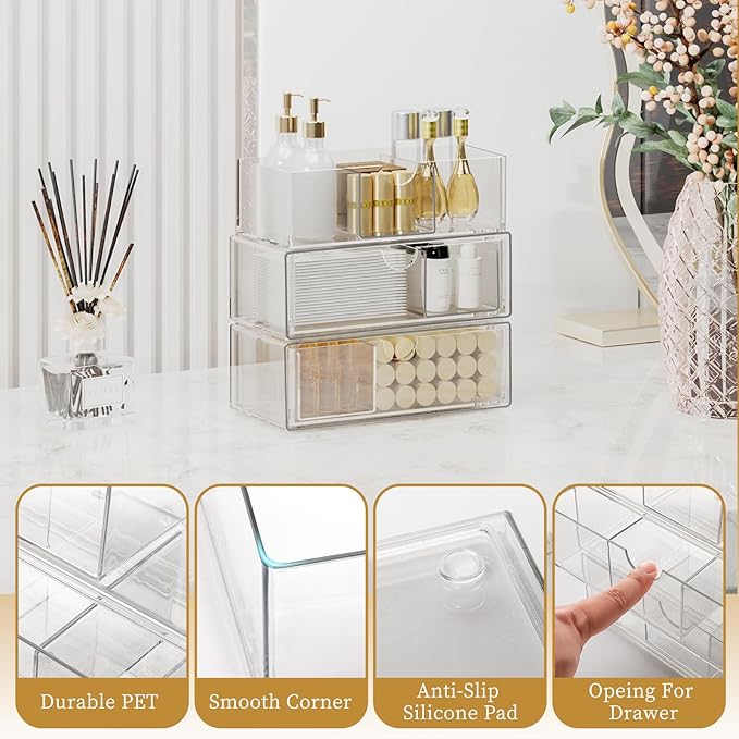 Medicine Cabinet Organizer with Removable Dividers, 3-Tier Stackable Drawer Storage for Bathroom, RV, Vanity, Countertop & De