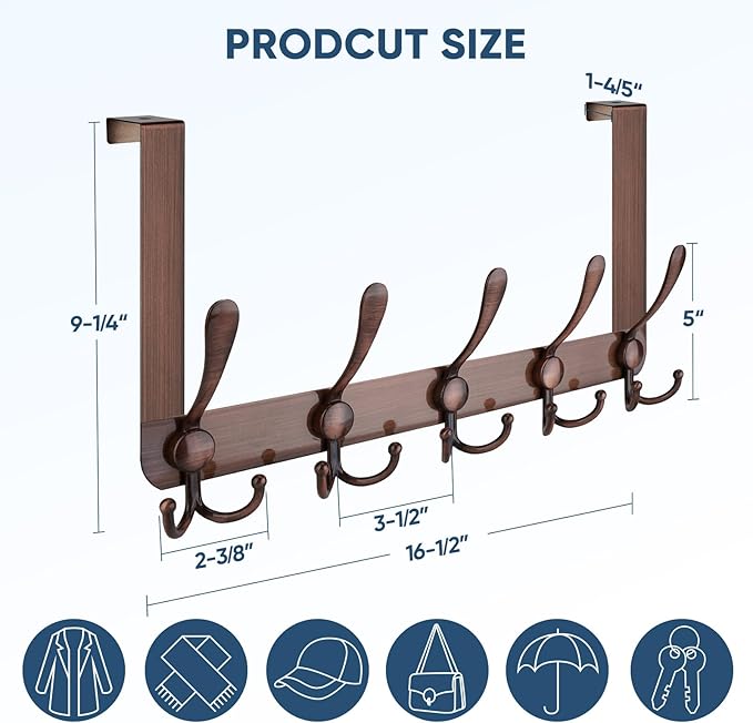 TICONN Over The Door Hooks, 5 Heavy Duty Tri Coat Rack All Metal Coat Hanger for Bathroom Bedroom Dorm (Antique Bronze, 1PK, 