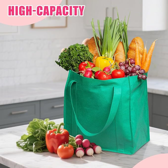 12 Pack Heavy Duty Reusable Grocery Bags - Large Shopping Totes Reinforced Handles, Holds 40 lbs, Foldable and Washable (Rose red)