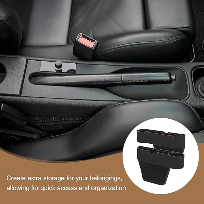 HARFINGTON Car Seat Gap Filler Organizer 10.6 x 7.1 x 2.8 Inch ABS+Leather Universal Car Organizer Storage Box Between Seat and Console (Right) with Cup Holders for Phone Keys, Black