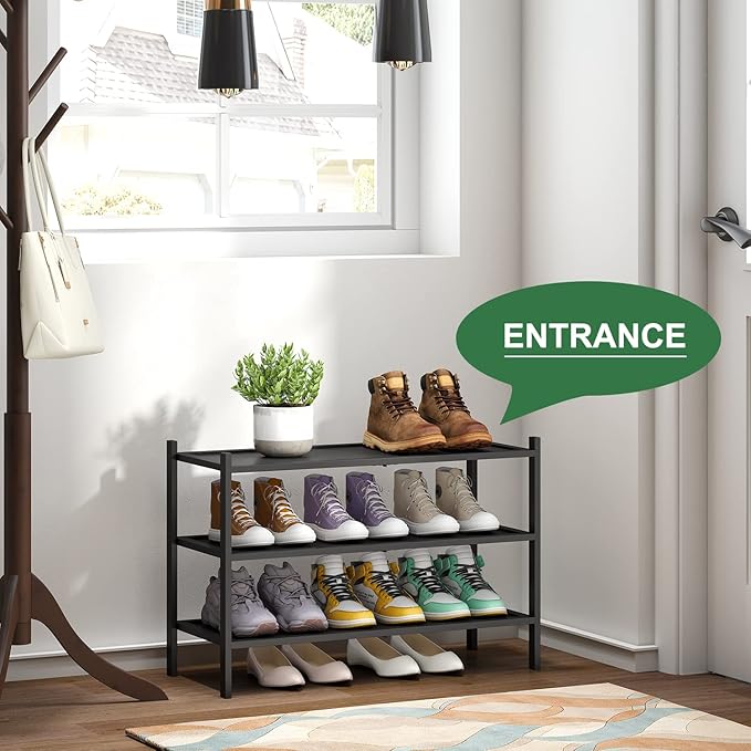 kiplant 3-Tier Black Bamboo Shoe Rack for Entryway, Stackable | Foldable | Natural, Shoe Organizer for Hallway Closet, Free S