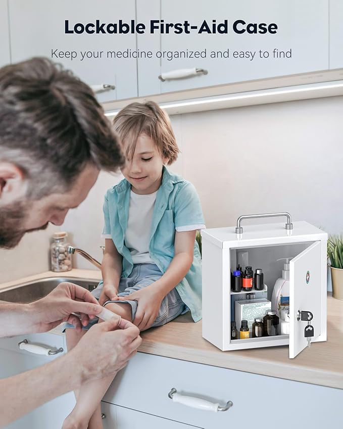 Uniclife Wall Mount Medicine Cabinet with Key Lock & Handle Locking First Aid Cabinet Lockable Medical Cabinet Lightweight Me