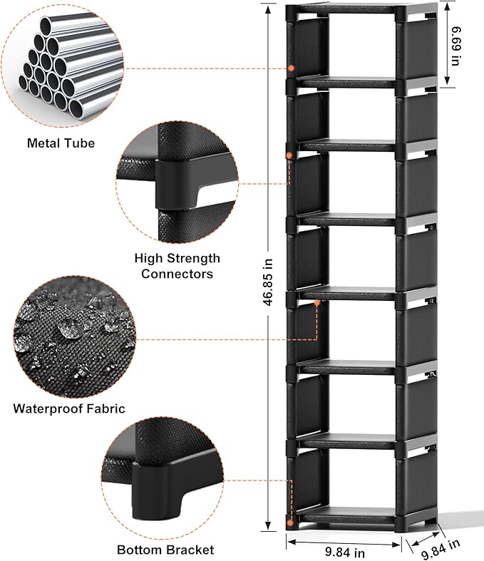 Narrow Shoe Rack 8 Tier, Slim Vertical Shoe Organizer for Small Spaces, Stackable Shoe Storage Shelf with Metal Frame & Fabri