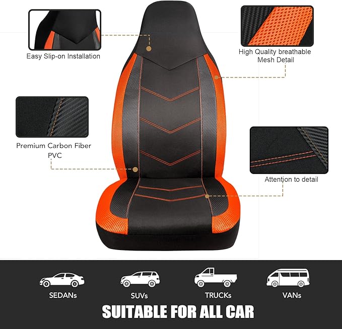 PIC AUTO High Back Front Car Seat Covers - Sports Carbon Fiber Mesh Design, Two Front Set, Airbag Compatible, Universal Fit f
