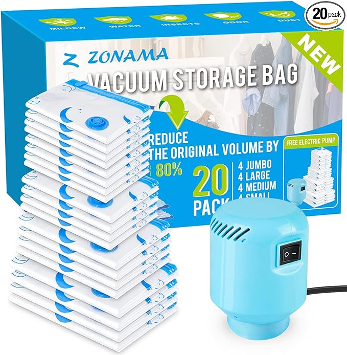Vacuum Storage Bags with Electric Air Pump, 20 Pack (4 Jumbo, 4 Large, 4 Medium, 4 Small, 4 Roll Up Bags) Space Saving Bag fo