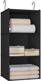 Hanging Closet Organizer - 3-Shelf, Easy Mount Foldable Wardrobe Storage Shelves for Clothes, Handbags, Shoes & Accessories -