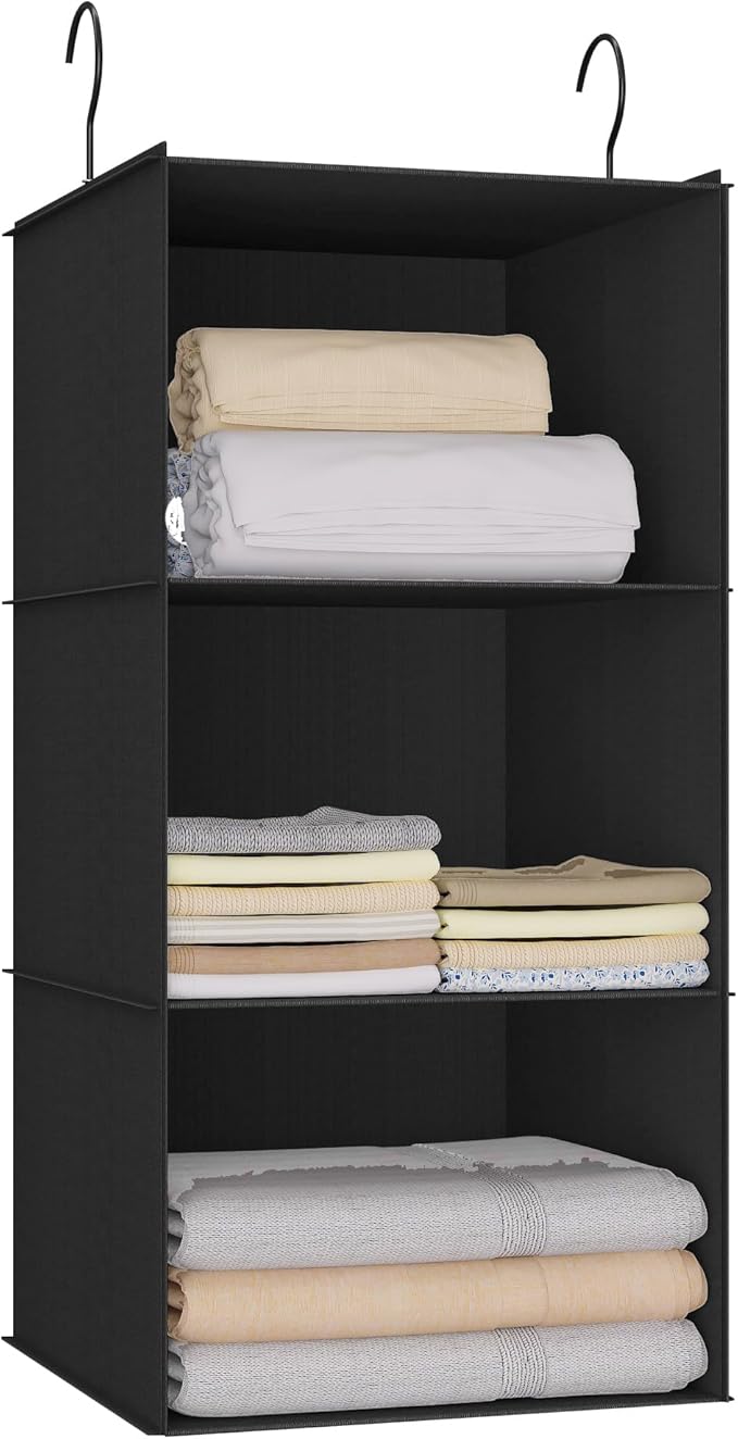 Hanging Closet Organizer - 3-Shelf, Easy Mount Foldable Wardrobe Storage Shelves for Clothes, Handbags, Shoes & Accessories -