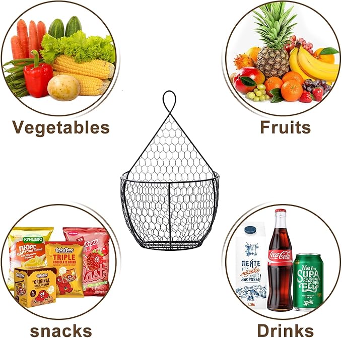 ERYTLLY Metal Fruit And Vegetable Storage Hanging Basket Wall Mounted, For Kitchen Black Wire Baskets for Flowers, Fruits and