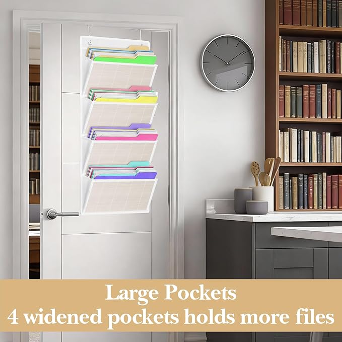 homyfort hanging wall file organizer, Over the door file folder organizer with 4 Large Bamboo Pockets, Suitable for Home, Off