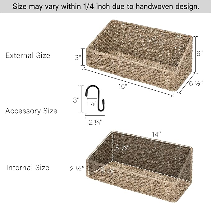 StorageWorks Woven Wall Baskets for Storage, Seagrass Baskets for Shelf, Wall Storage for Kitchen and Bathroom, Hanging Baske