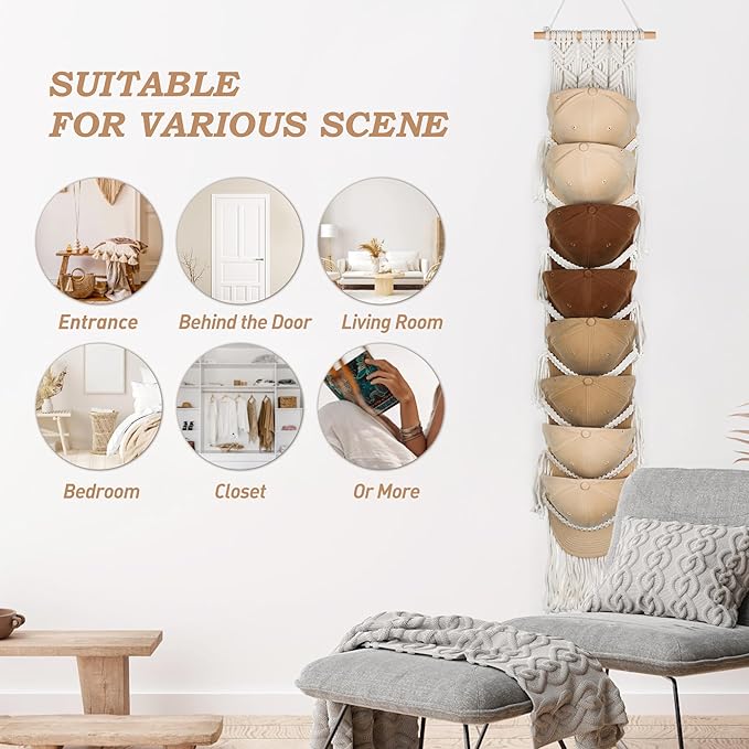 Macrame Hat Hangers for Wall Handmade Boho Baseball Cap Hanger Hand Knitting Cap Organizer Hat Holder for Wall Over Door Ball