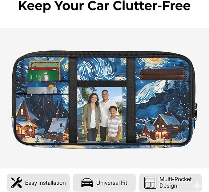 Town Print Car Sun Visor Storage Bag Pocket Organizer Car Storage Pouch Holder with Multi-Pocket Net Zipper Auto Interior Accessories