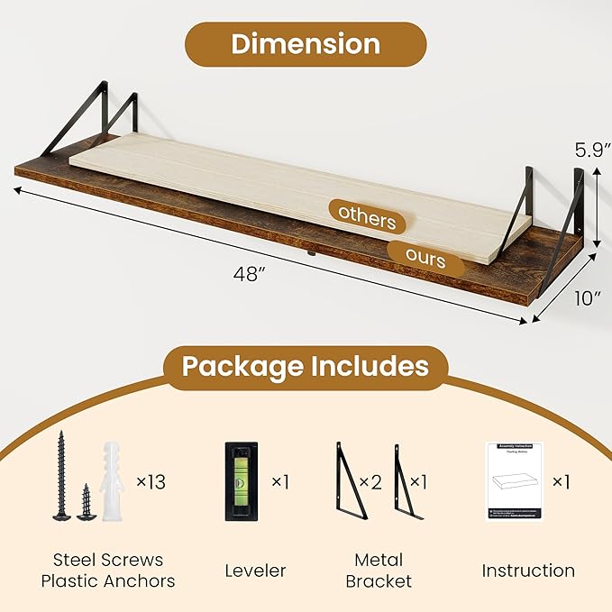 48inch Floating Shelves for Wall,10" Deep Floating Shelves with Metal Brackets,Wall Mounted Hanging Floating Shelf,Wide Displ