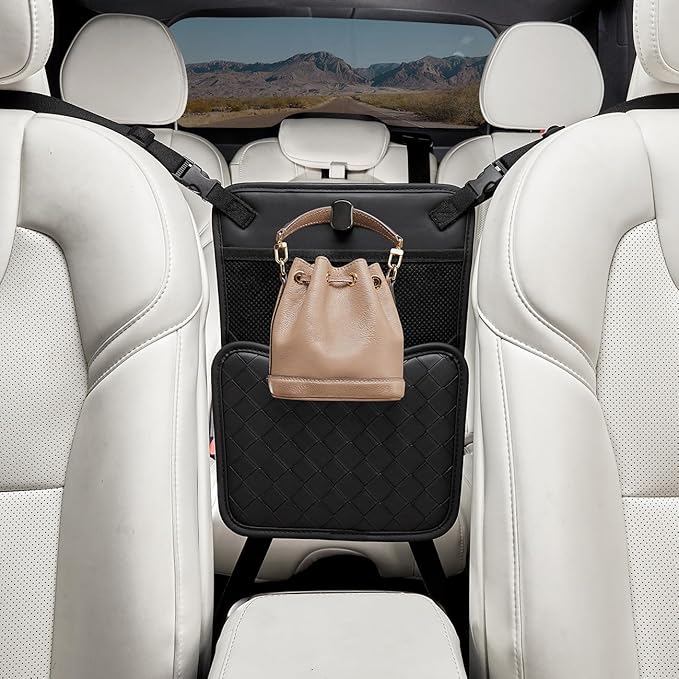 Purse Holder for Car,Car Purse Holder Between Seats,PU Leather Seat Back Organizer,Large Capacity Bag,Car Net Pocket Handbag Holder,Pet Barrier(Black)