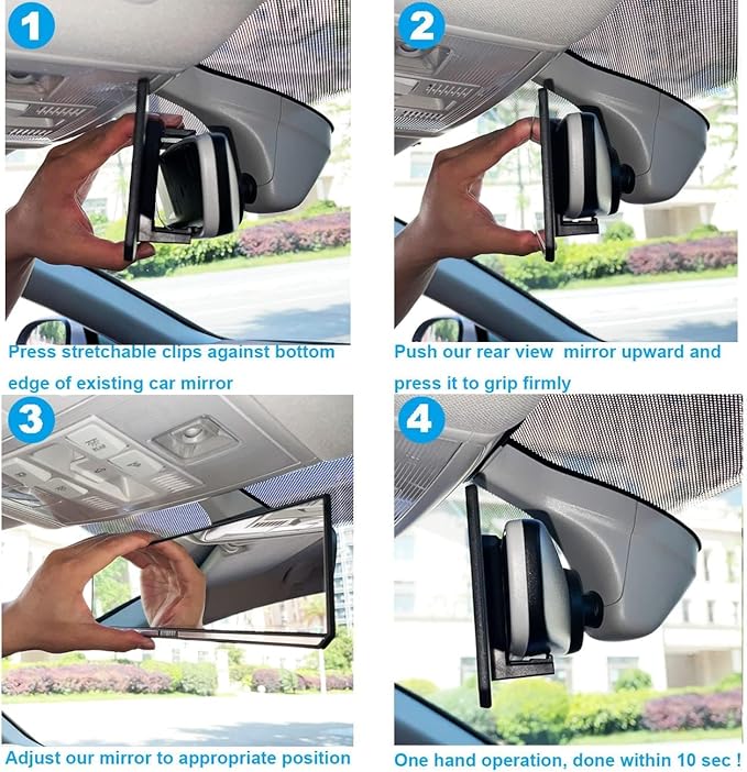 Kitbest Rear View Mirror - Interior Clip On Panoramic to Reduce Blind Spot - Universal Wide Angle for Cars, SUV, Trucks - Flat - Bonus 2 PCS Blind Spot Mirrors