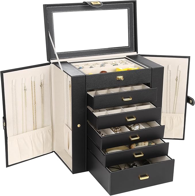 Kendal Extra Large Jewelry Box Jewelry Case PU Leather 6 Tier 5 Drawers Large Storage Capacity with Mirror Jewelry Storage Or