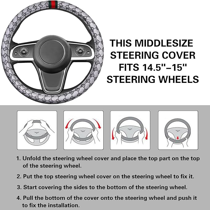 5PCS Steering Wheel Cover, with 2 Headrests, 2 Seat Belt Covers - Universal Fit for 14.5-15" Steering Wheel, Enhances Driving Experience - Perfect for Women (Gray)